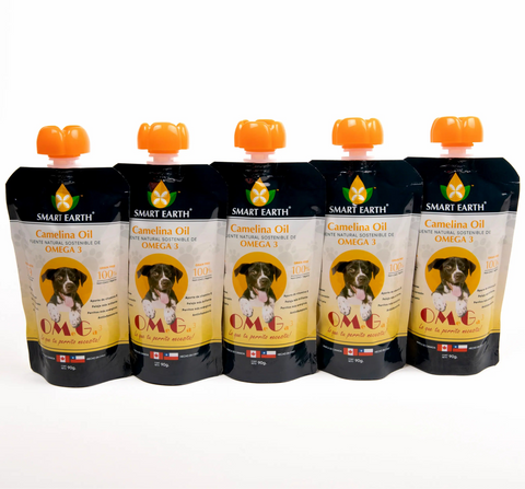 Pack X5 Smart Earth Camelina Oil: El mejor pack de ahorro (Best Value) para perros grandes de más de 24 kg. 95 porciones de Omega 3 Ultra Puro para soporte articular, piel y pelaje.